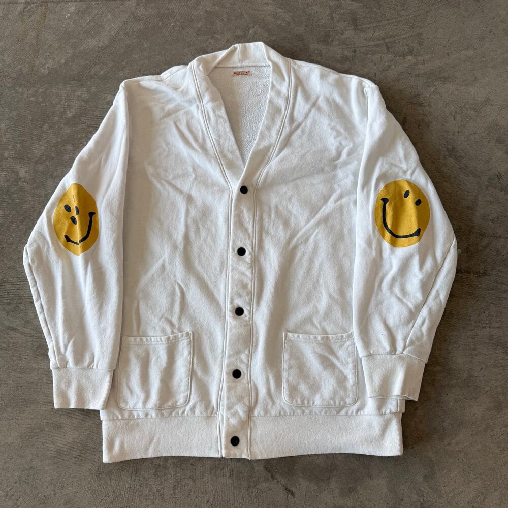Kapital Mens White Smiley Face Elbow Patch Cardigan Size 3 Large
